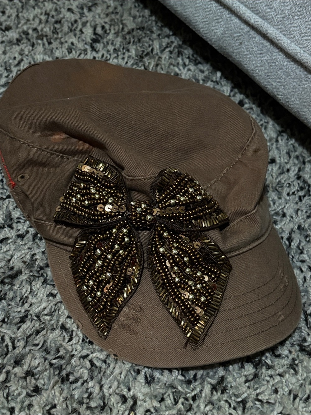 Embellished Brown Women's Cap with Beaded Bow.